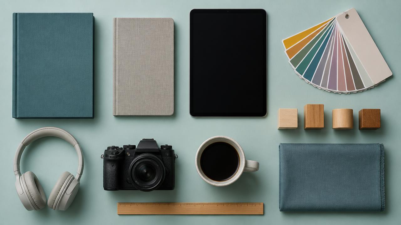 Overhead flat lay of creator tools arranged in a grid on a pale teal surface