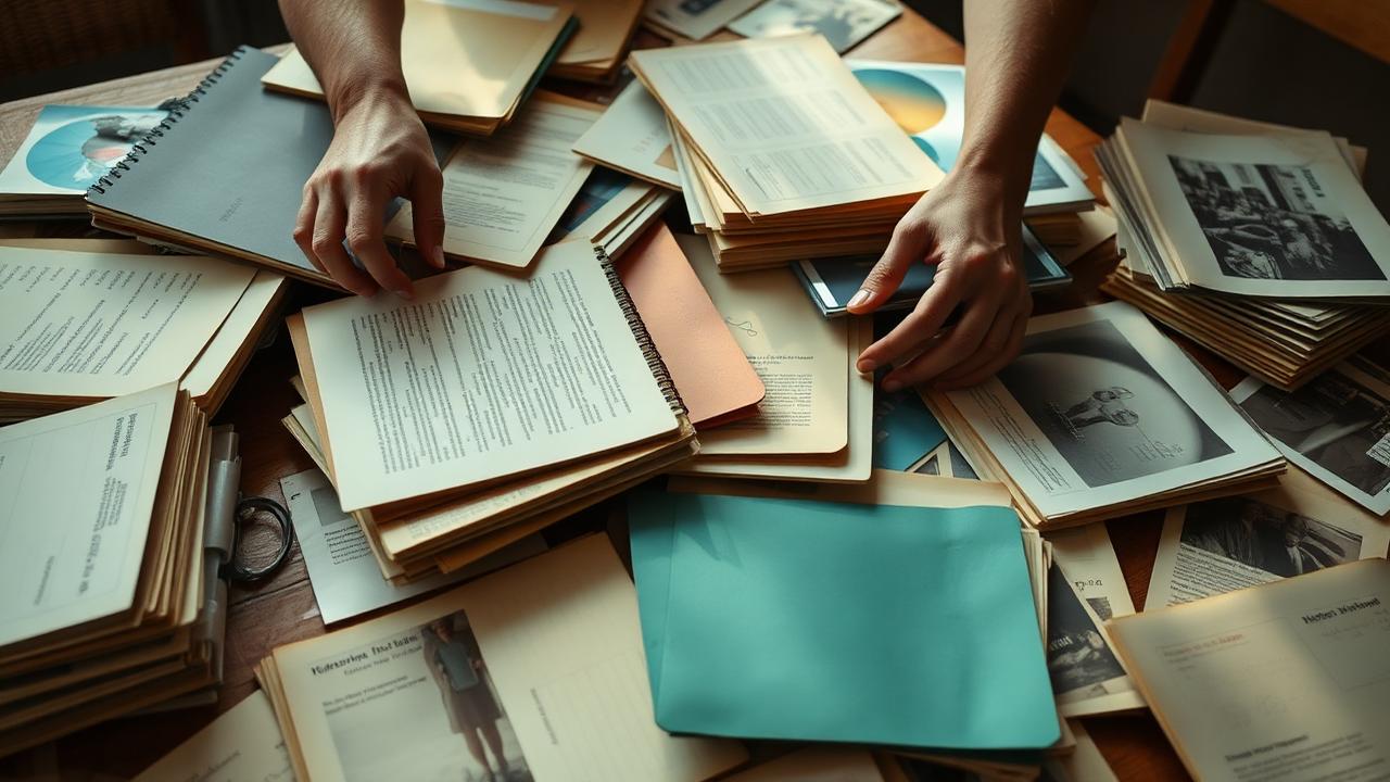 Hands sorting through notebooks, folders and printed materials on a table