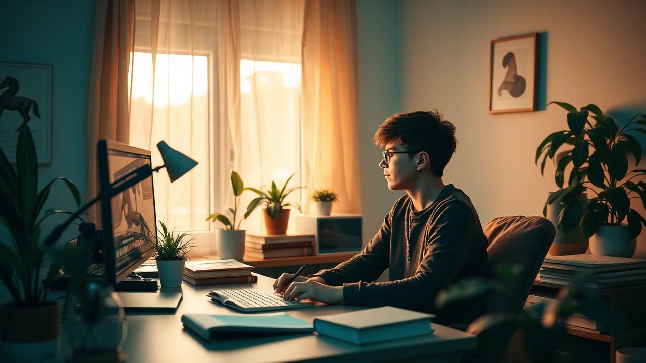 A creator working calmly on a side project in a home studio at dusk