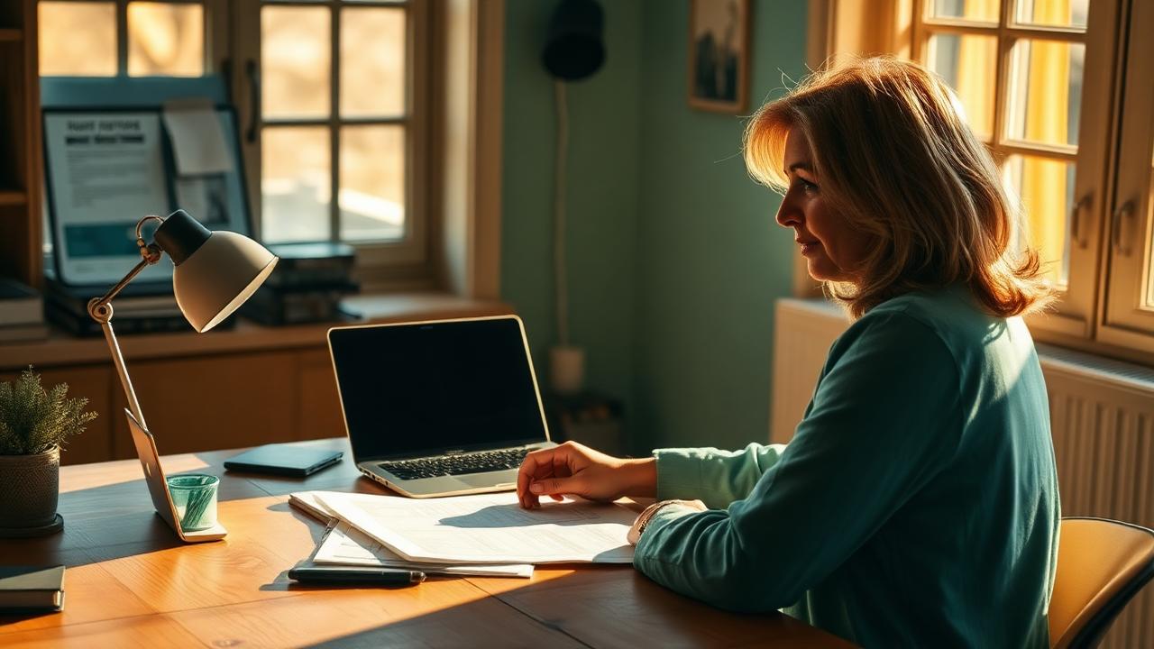 A woman reviewing printed frameworks and a laptop at a sunlit desk
