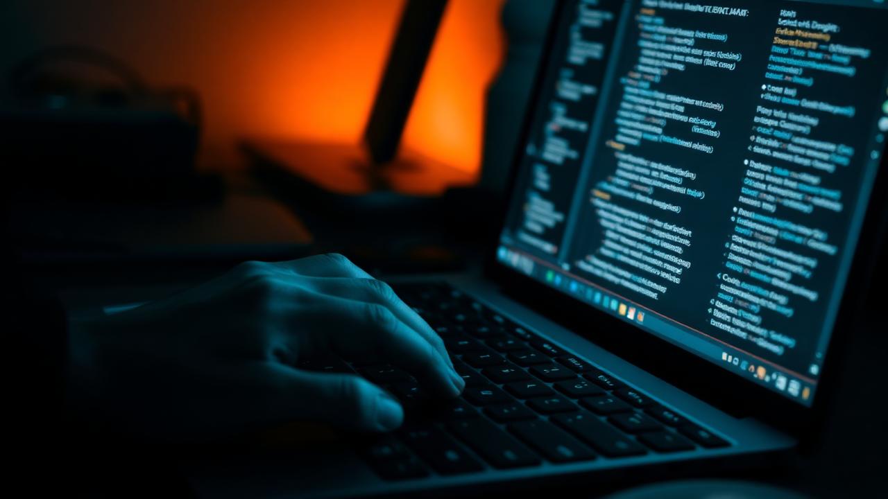 A hand hovering over a keyboard beside a glowing screen at night