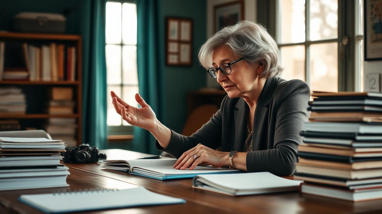 An experienced professional explaining across a table stacked with notebooks