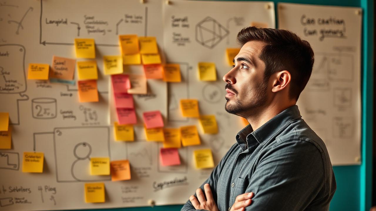 A man pausing in front of a wall of sticky notes and sketches