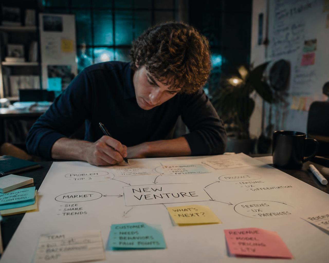 A young analyst mapping venture ideas on paper across a studio desk